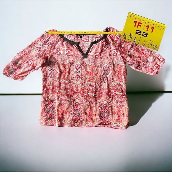 East 5th l Sheer l Tunic Top Blouse l Pink/Red Black Trim l 3/4 Sleeve l 3X EUC - Picture 8 of 11